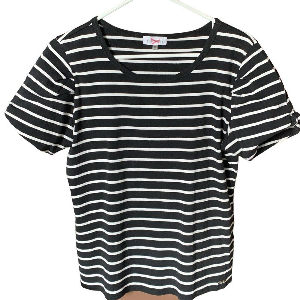 Calvin Klein Woman M Black White Stripe Puff Business Casual Comfy Classic